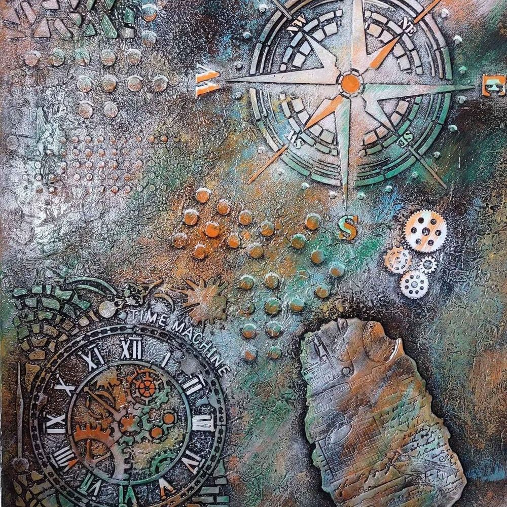 Acrylic Paint Collage Mandala Compass 3D